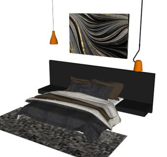 现代风格双人床 单人床 床组合 枕头 床单 被子 台灯 床头柜 挂画 吊灯 地毯 暗黑风 简约